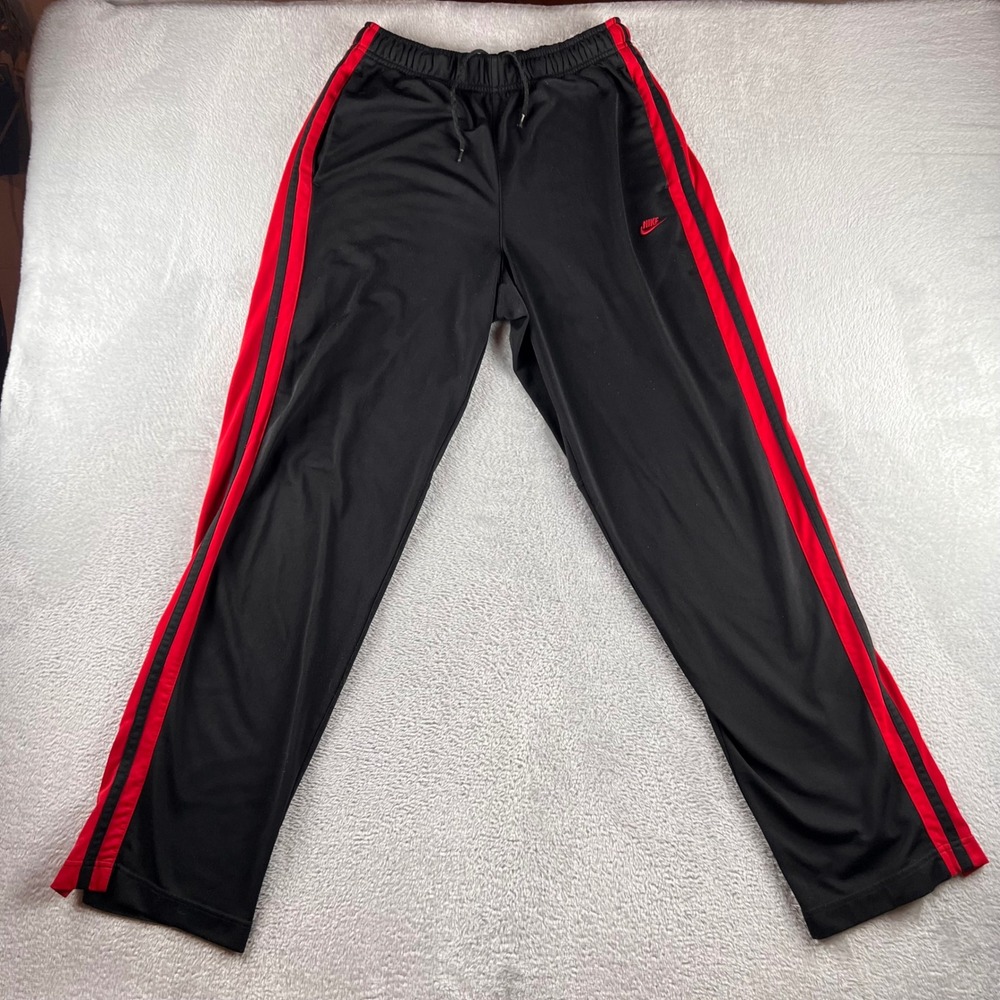 VTG Nike Track Pants Mens Medium Black Red Side Stripe Zipper Hem Training Y2K